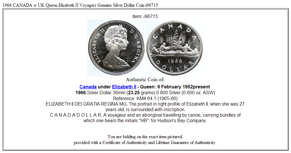 1966 CANADA w UK Queen Elizabeth II Voyagers Genuine Silver Dollar Coin i96715