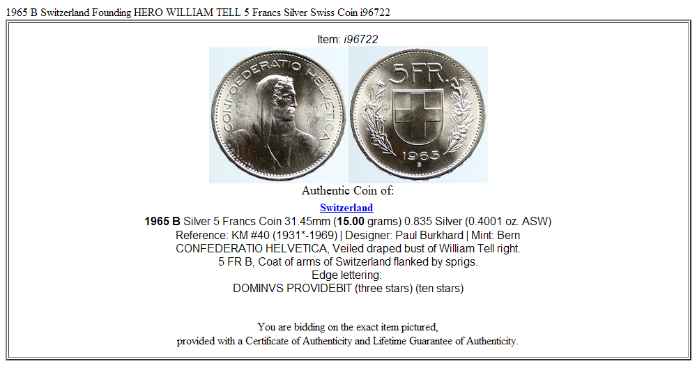 1965 B Switzerland Founding HERO WILLIAM TELL 5 Francs Silver Swiss Coin i96722