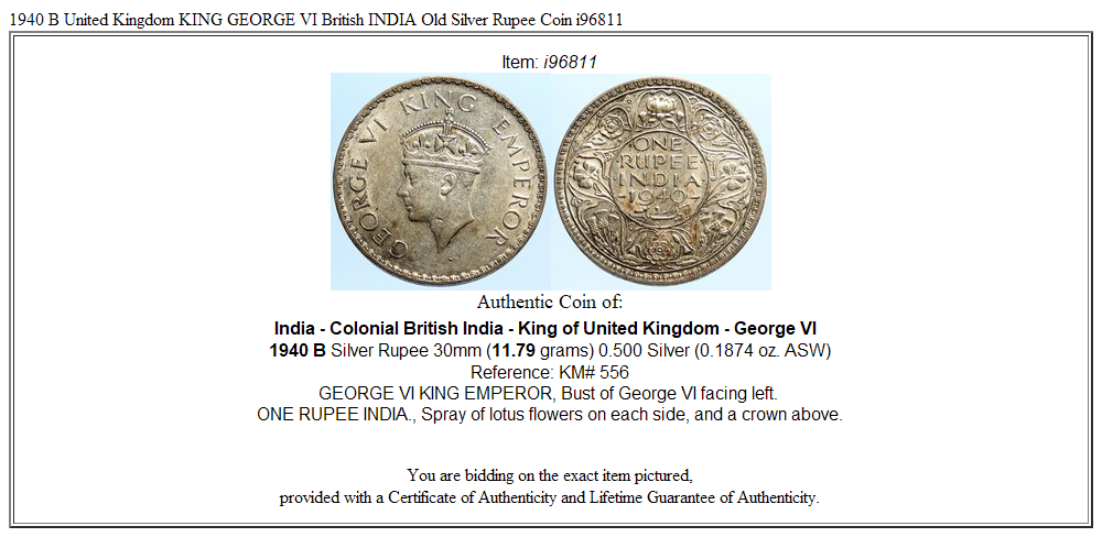 1940 B United Kingdom KING GEORGE VI British INDIA Old Silver Rupee Coin i96811