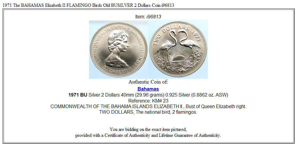 1971 The BAHAMAS Elizabeth II FLAMINGO Birds Old BUSILVER 2 Dollars Coin i96813