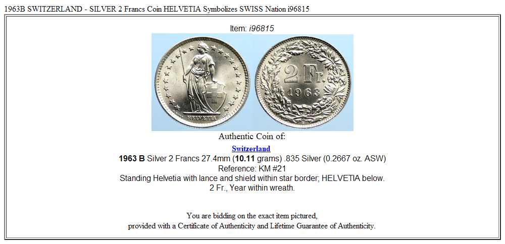 1963B SWITZERLAND - SILVER 2 Francs Coin HELVETIA Symbolizes SWISS Nation i96815