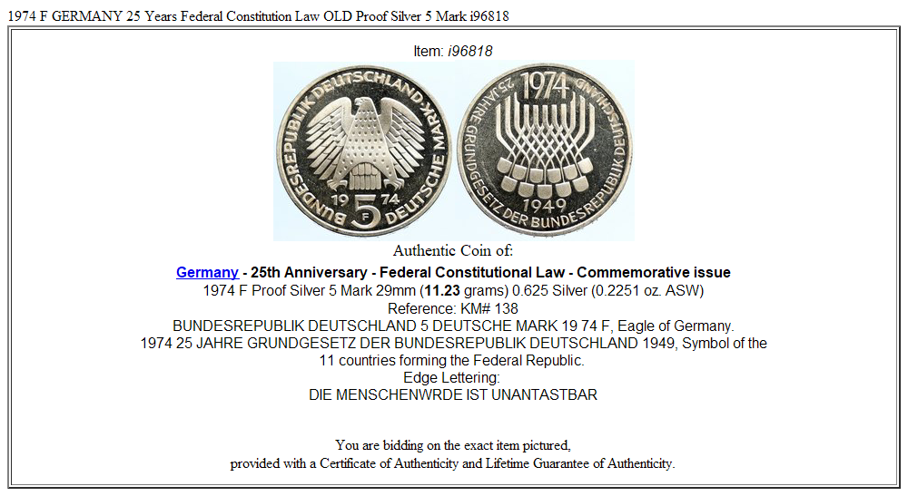 1974 F GERMANY 25 Years Federal Constitution Law OLD Proof Silver 5 Mark i96818