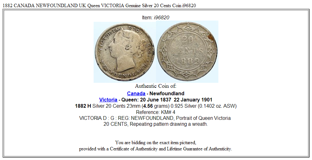 1882 CANADA NEWFOUNDLAND UK Queen VICTORIA Genuine Silver 20 Cents Coin i96820