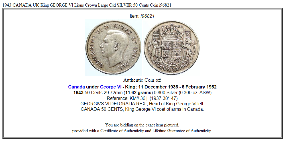 1943 CANADA UK King GEORGE VI Lions Crown Large Old SILVER 50 Cents Coin i96821