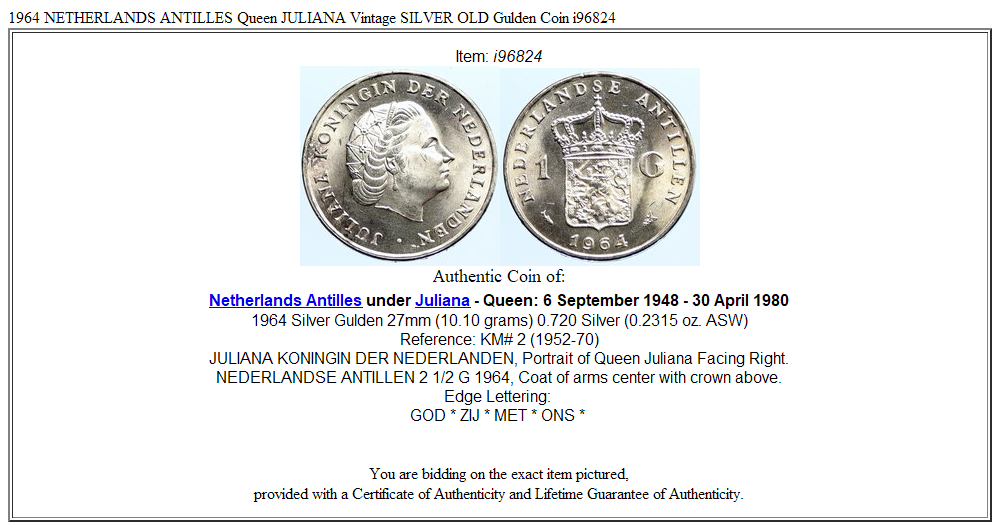 1964 NETHERLANDS ANTILLES Queen JULIANA Vintage SILVER OLD Gulden Coin i96824