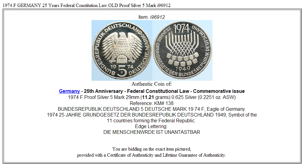 1974 F GERMANY 25 Years Federal Constitution Law OLD Proof Silver 5 Mark i96912