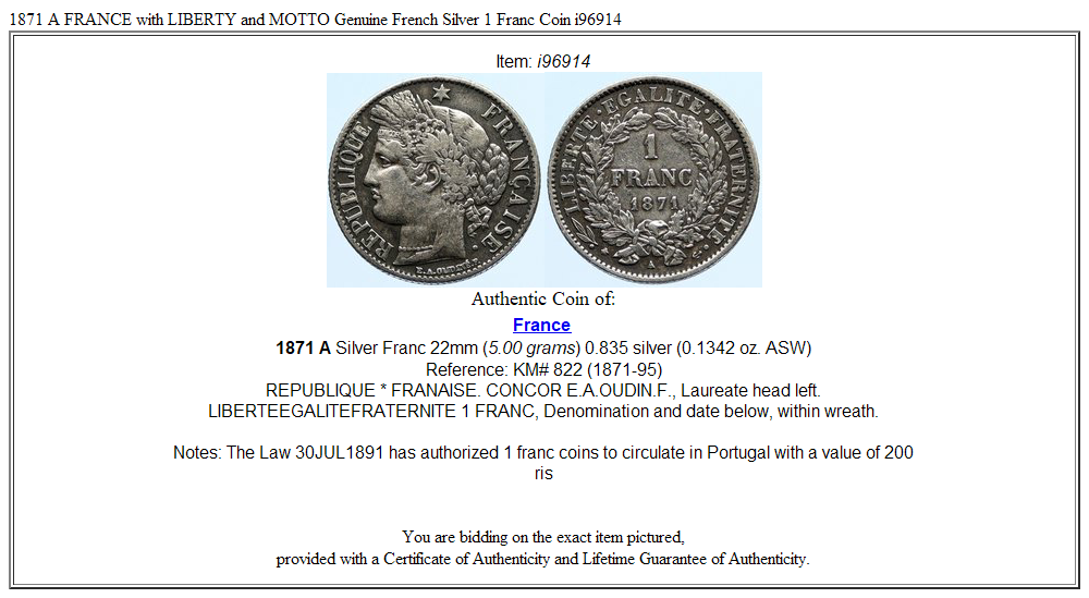 1871 A FRANCE with LIBERTY and MOTTO Genuine French Silver 1 Franc Coin i96914