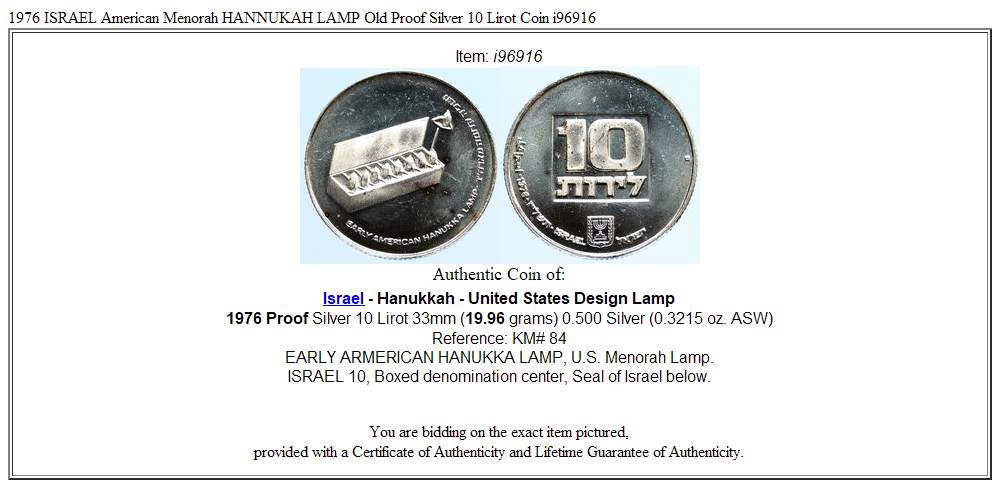 1976 ISRAEL American Menorah HANNUKAH LAMP Old Proof Silver 10 Lirot Coin i96916