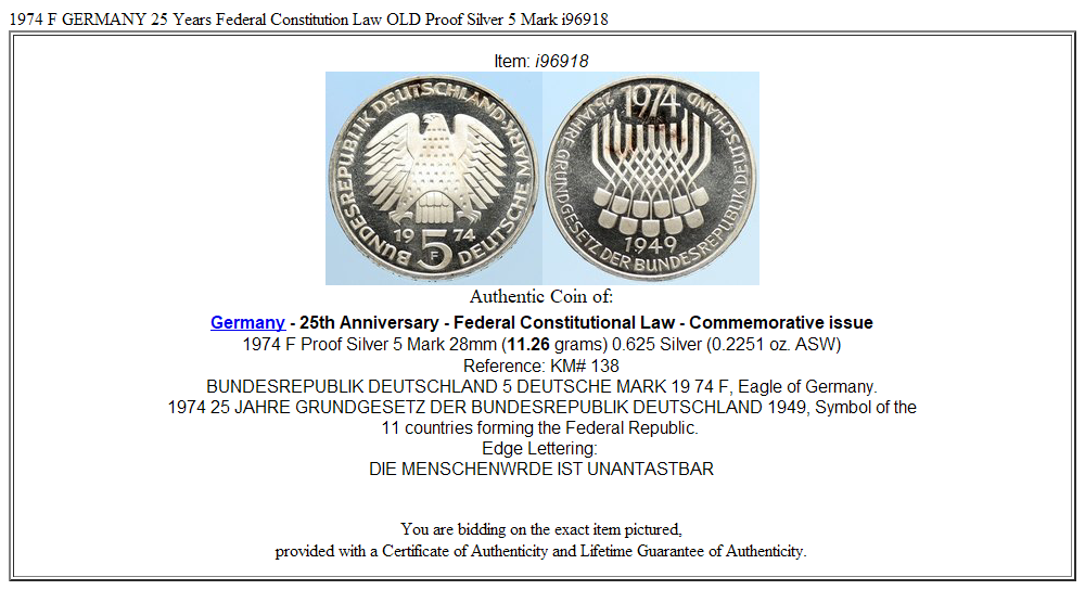 1974 F GERMANY 25 Years Federal Constitution Law OLD Proof Silver 5 Mark i96918