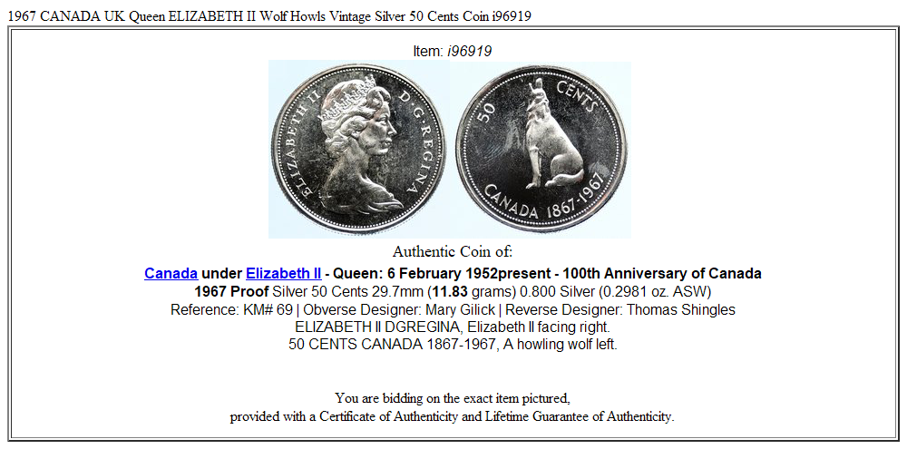 1967 CANADA UK Queen ELIZABETH II Wolf Howls Vintage Silver 50 Cents Coin i96919