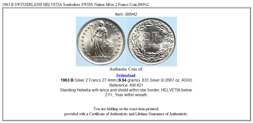 1963 B SWITZERLAND HELVETIA Symbolizes SWISS Nation Silver 2 Francs Coin i96942