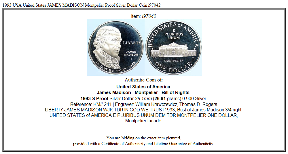 1993 USA United States JAMES MADISON Montpelier Proof Silver Dollar Coin i97042