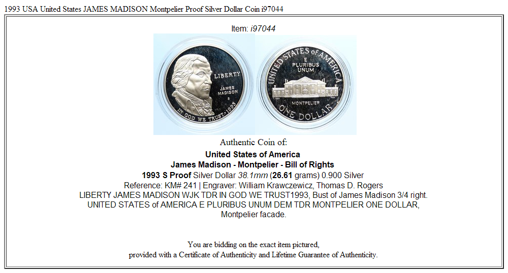 1993 USA United States JAMES MADISON Montpelier Proof Silver Dollar Coin i97044