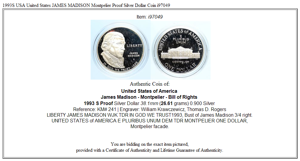 1993S USA United States JAMES MADISON Montpelier Proof Silver Dollar Coin i97049