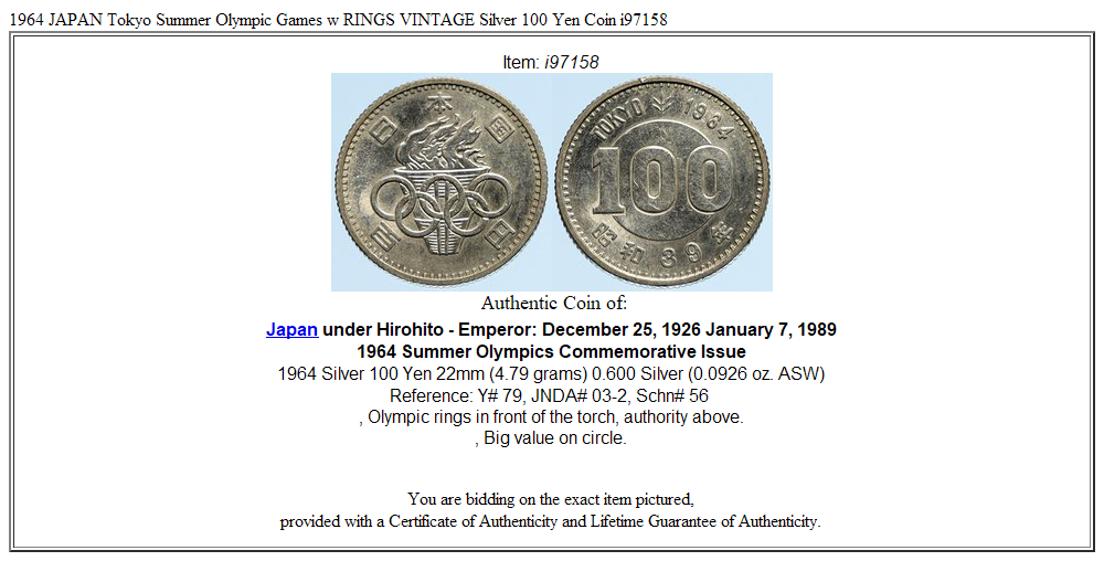 1964 JAPAN Tokyo Summer Olympic Games w RINGS VINTAGE Silver 100 Yen Coin i97158