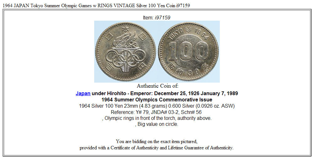 1964 JAPAN Tokyo Summer Olympic Games w RINGS VINTAGE Silver 100 Yen Coin i97159