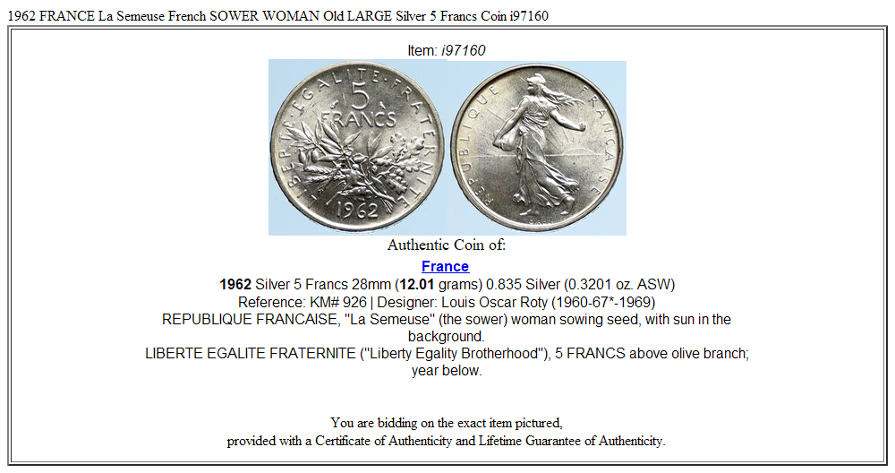 1962 FRANCE La Semeuse French SOWER WOMAN Old LARGE Silver 5 Francs Coin i97160