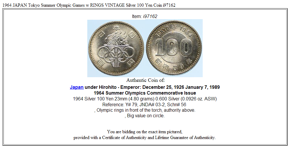 1964 JAPAN Tokyo Summer Olympic Games w RINGS VINTAGE Silver 100 Yen Coin i97162