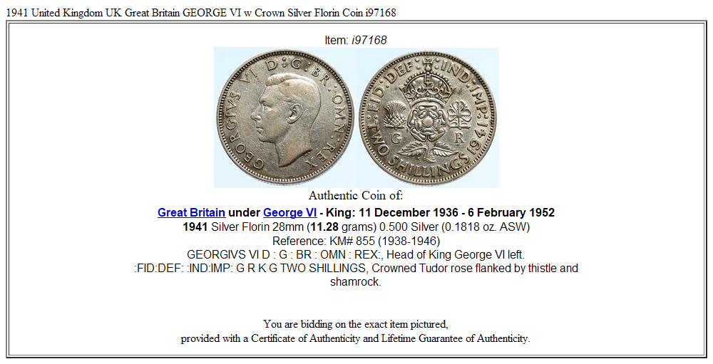 1941 United Kingdom UK Great Britain GEORGE VI w Crown Silver Florin Coin i97168