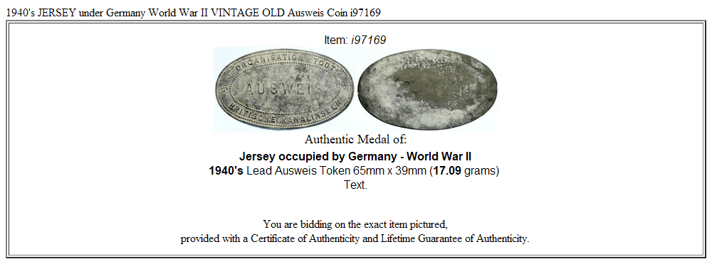 1940's JERSEY under Germany World War II VINTAGE OLD Ausweis Coin i97169