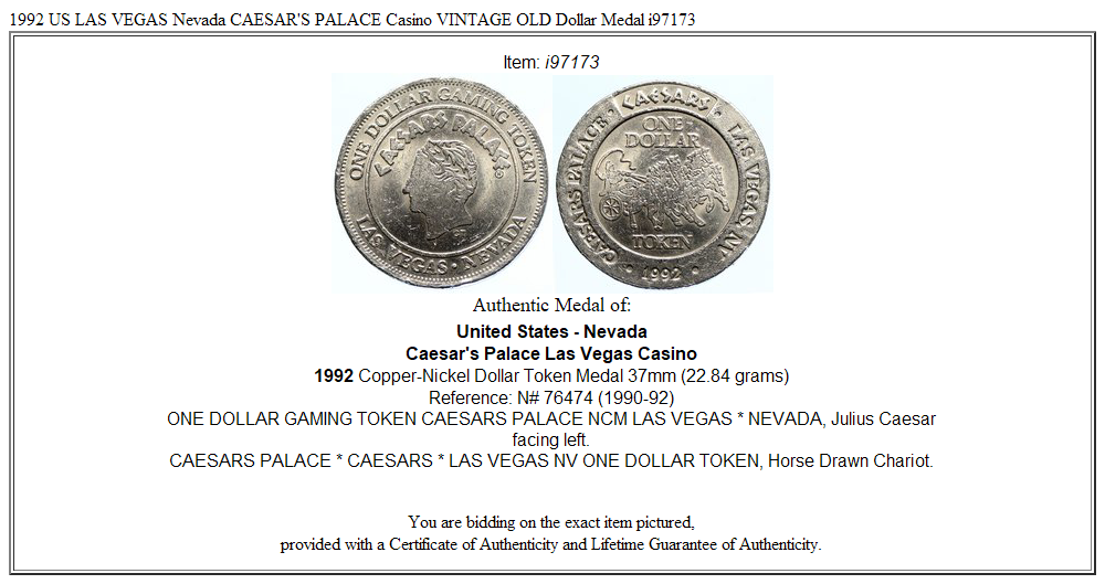 1992 US LAS VEGAS Nevada CAESAR'S PALACE Casino VINTAGE OLD Dollar Medal i97173