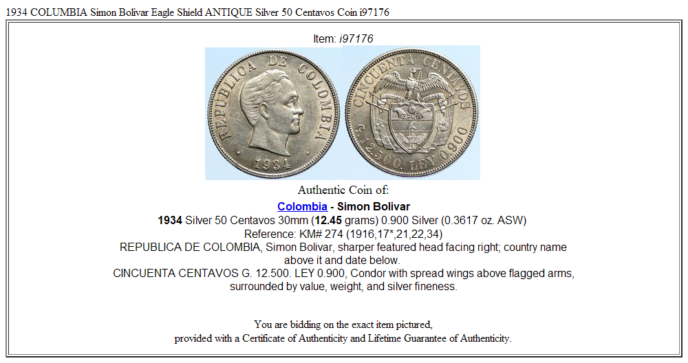 1934 COLUMBIA Simon Bolivar Eagle Shield ANTIQUE Silver 50 Centavos Coin i97176