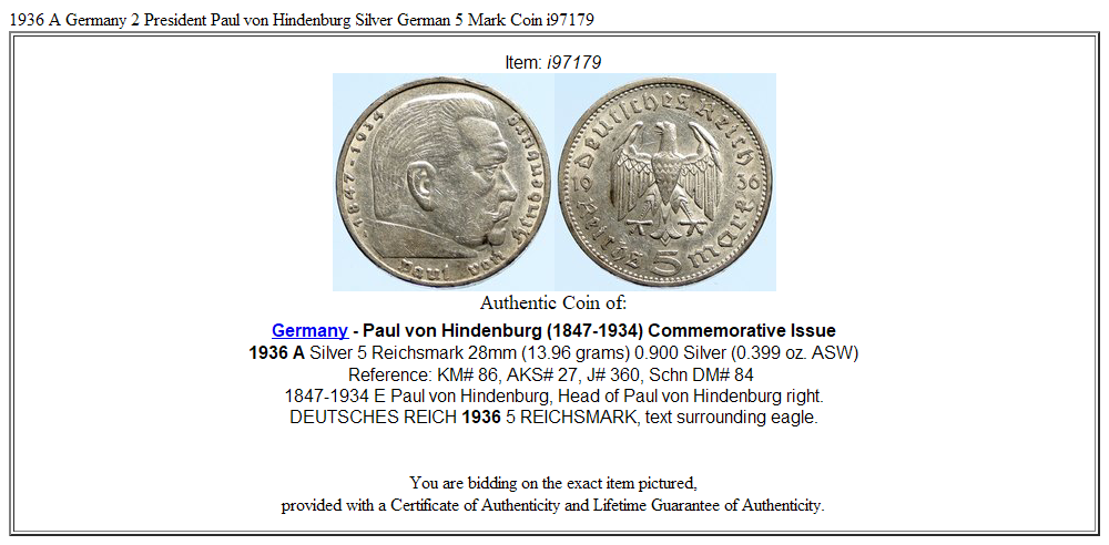 1936 A Germany 2 President Paul von Hindenburg Silver German 5 Mark Coin i97179