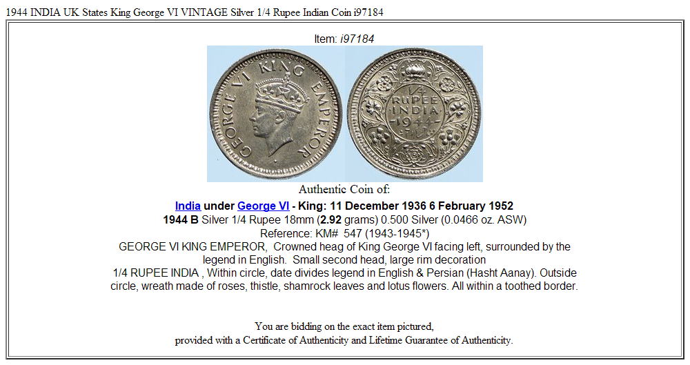 1944 INDIA UK States King George VI VINTAGE Silver 1/4 Rupee Indian Coin i97184