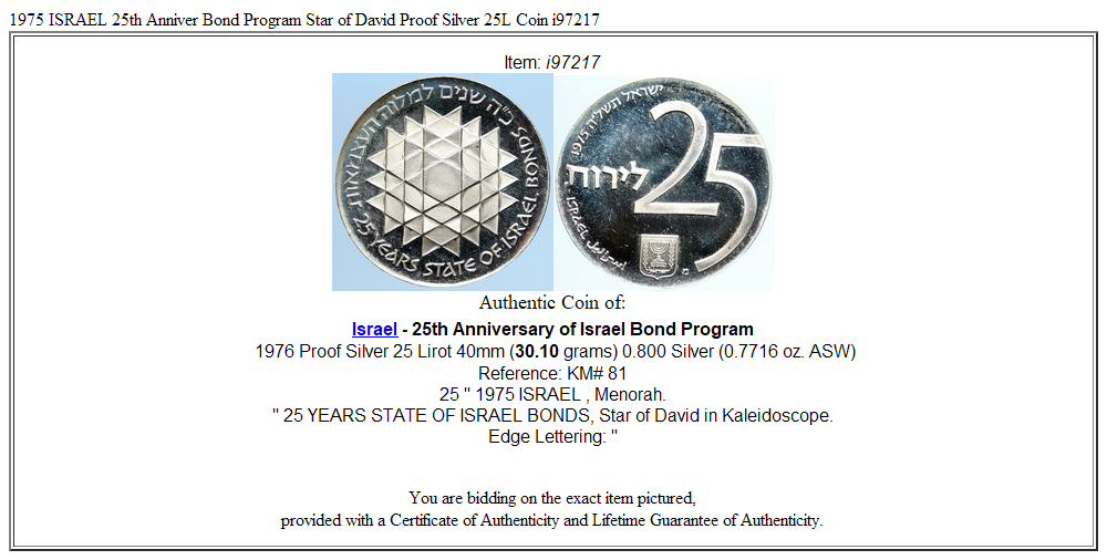 1975 ISRAEL 25th Anniver Bond Program Star of David Proof Silver 25L Coin i97217