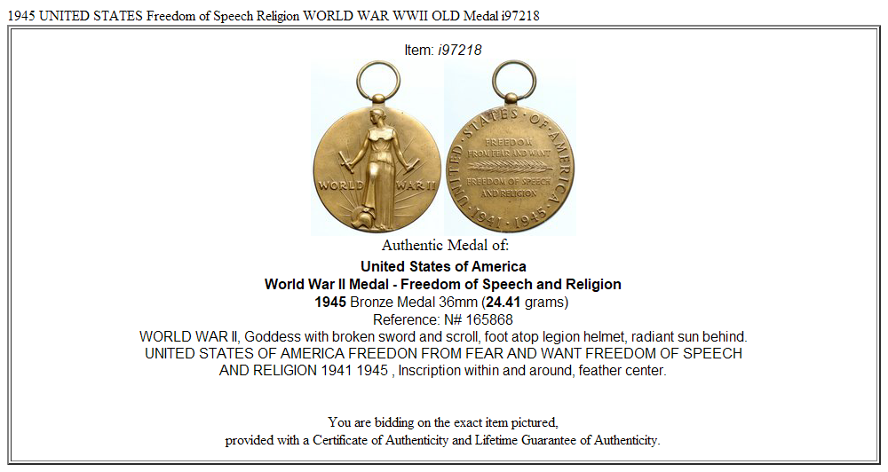 1945 UNITED STATES Freedom of Speech Religion WORLD WAR WWII OLD Medal i97218