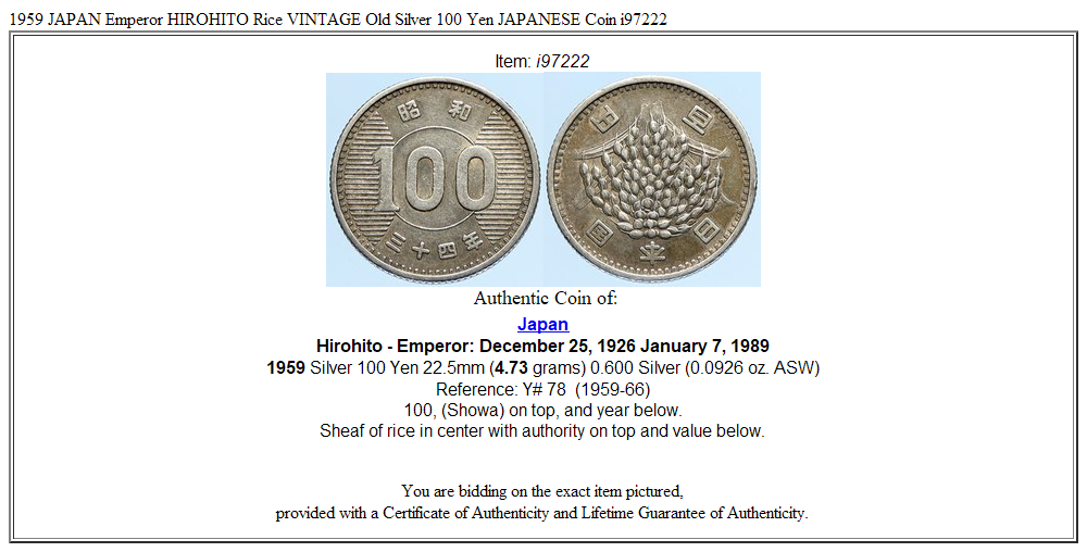 1959 JAPAN Emperor HIROHITO Rice VINTAGE Old Silver 100 Yen JAPANESE Coin i97222