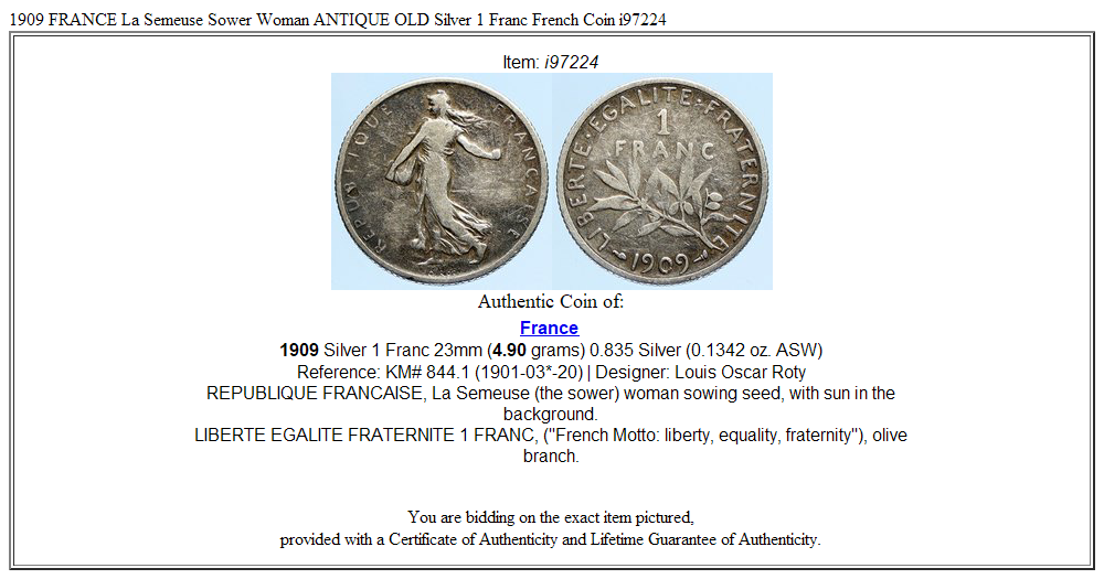 1909 FRANCE La Semeuse Sower Woman ANTIQUE OLD Silver 1 Franc French Coin i97224