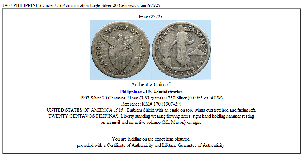 1907 PHILIPPINES Under US Administration Eagle Silver 20 Centavos Coin i97225