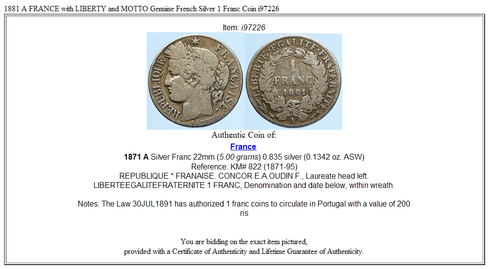 1881 A FRANCE with LIBERTY and MOTTO Genuine French Silver 1 Franc Coin i97226