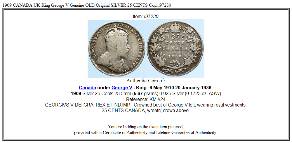 1909 CANADA UK King George V Genuine OLD Original SILVER 25 CENTS Coin i97230