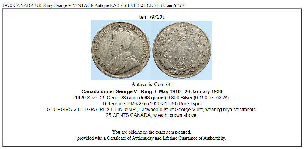 1920 CANADA UK King George V VINTAGE Antique RARE SILVER 25 CENTS Coin i97231