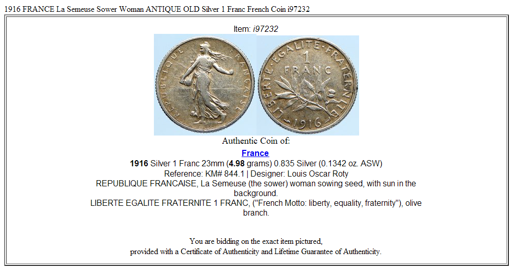 1916 FRANCE La Semeuse Sower Woman ANTIQUE OLD Silver 1 Franc French Coin i97232