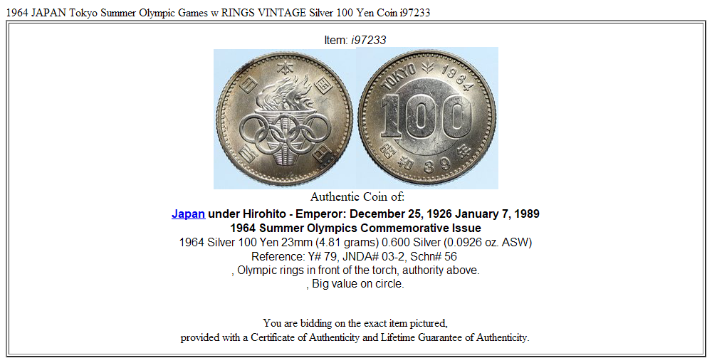 1964 JAPAN Tokyo Summer Olympic Games w RINGS VINTAGE Silver 100 Yen Coin i97233