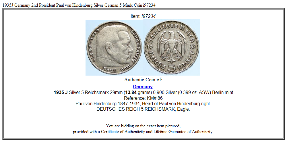 1935J Germany 2nd President Paul von Hindenburg Silver German 5 Mark Coin i97234