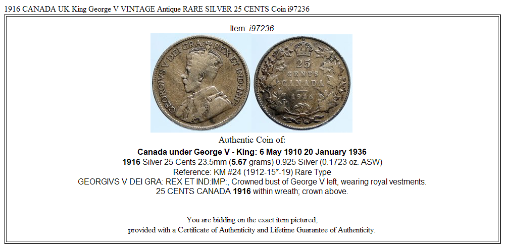 1916 CANADA UK King George V VINTAGE Antique RARE SILVER 25 CENTS Coin i97236