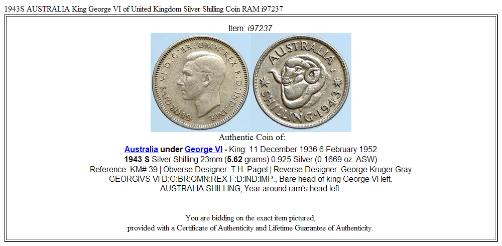 1943S AUSTRALIA King George VI of United Kingdom Silver Shilling Coin RAM i97237