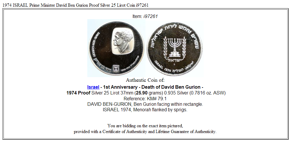 1974 ISRAEL Prime Minister David Ben Gurion Proof Silver 25 Lirot Coin i97261