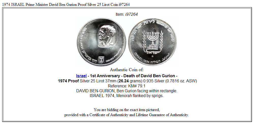 1974 ISRAEL Prime Minister David Ben Gurion Proof Silver 25 Lirot Coin i97264