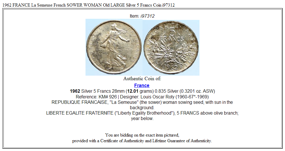 1962 FRANCE La Semeuse French SOWER WOMAN Old LARGE Silver 5 Francs Coin i97312