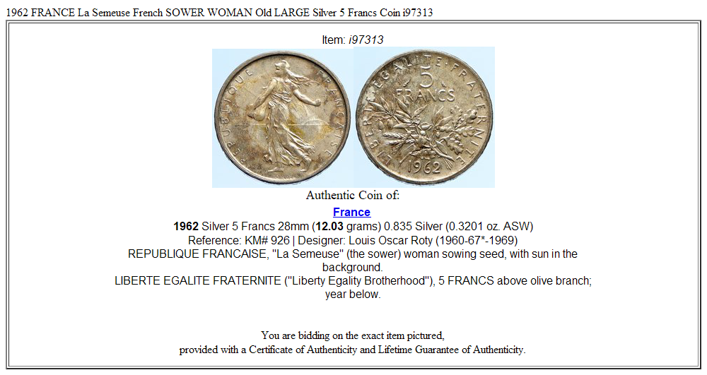 1962 FRANCE La Semeuse French SOWER WOMAN Old LARGE Silver 5 Francs Coin i97313