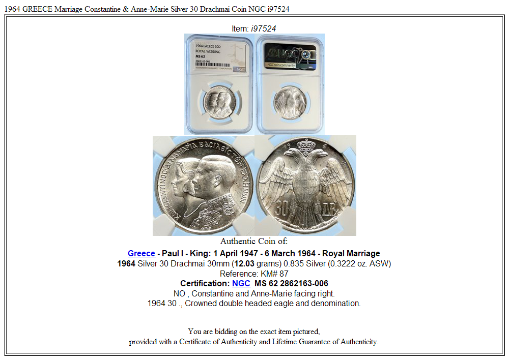 1964 GREECE Marriage Constantine & Anne-Marie Silver 30 Drachmai Coin NGC i97524