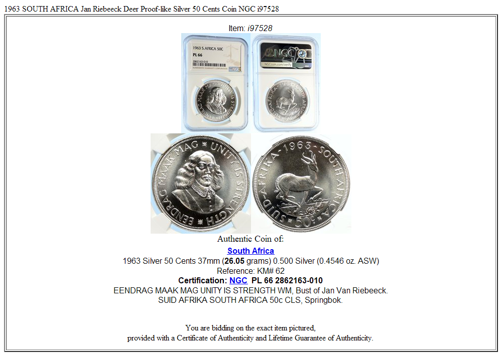 1963 SOUTH AFRICA Jan Riebeeck Deer Proof-like Silver 50 Cents Coin NGC i97528