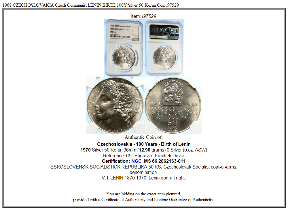 1968 CZECHOSLOVAKIA Czech Communist LENIN BIRTH 100Y Silver 50 Korun Coin i97529