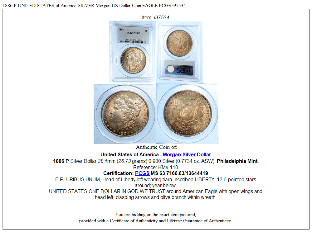 1886 P UNITED STATES of America SILVER Morgan US Dollar Coin EAGLE PCGS i97534