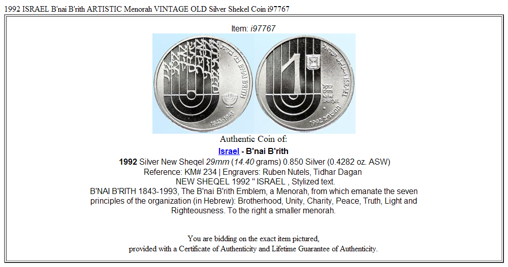 1992 ISRAEL B'nai B'rith ARTISTIC Menorah VINTAGE OLD Silver Shekel Coin i97767